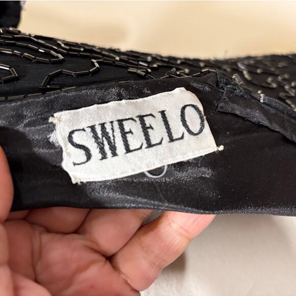 Vintage Black Sequin Beaded Cocktail Dress Floral Short Sleeve 80s/90s Glam Lg - Picture 3 of 11